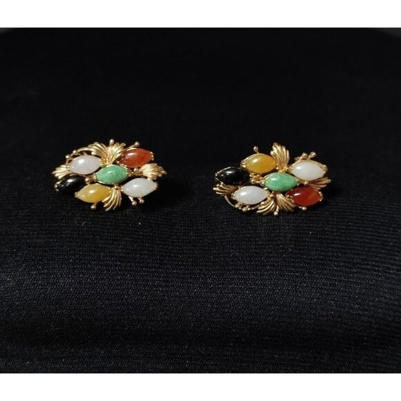 Multi-Stone Gold Jade Opal Onyx Earrings With Leaf Design Omega Backs - Picture 1 of 10